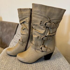 Trendy Beige Mid-Calf Triple Buckle Boots